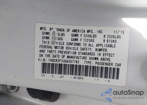 2016 Honda Accord Lx z USA, uszkodzony, nr VIN 1HGCR2F33GA067780
